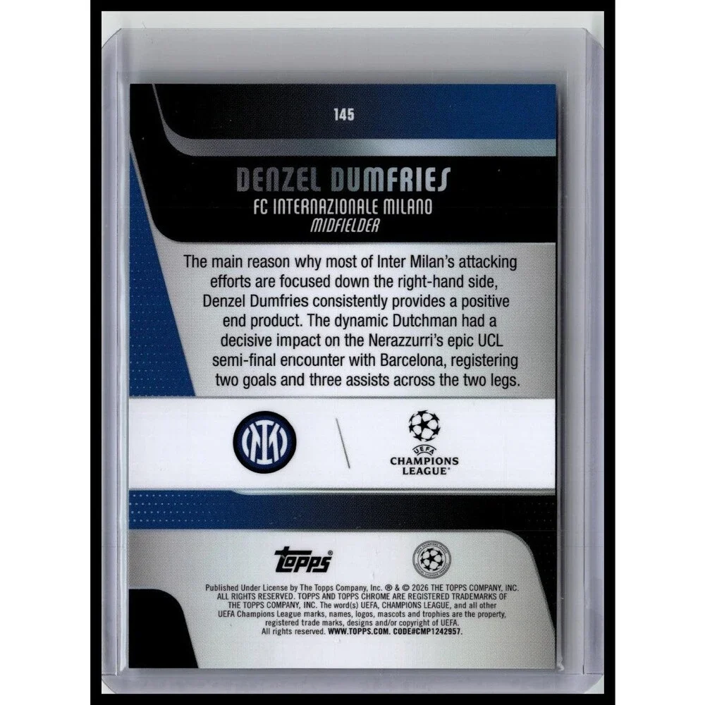 2025-26 Topps Chrome UEFA Denzel Dumfries #145 Inter Milan Teal Refractor #/299